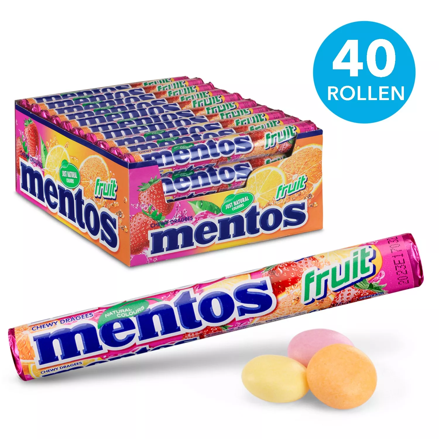 Mentos - Boîte de 40 Rouleaux Rainbow - Bonbons Tendres et Croquants, 7  Fruits Assortis - Fraise, Pomme, Orange, Raisin, Pastèque, Myrtille,  Pamplemousse - Rouleaux Classiques à Partager : : Epicerie