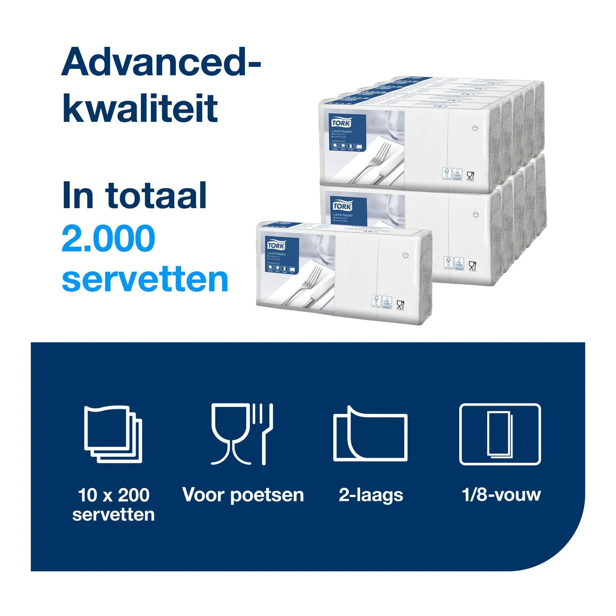 Tork Lunchservet Wit 33x33 2-laags 1/8 vouw (200 stuks)