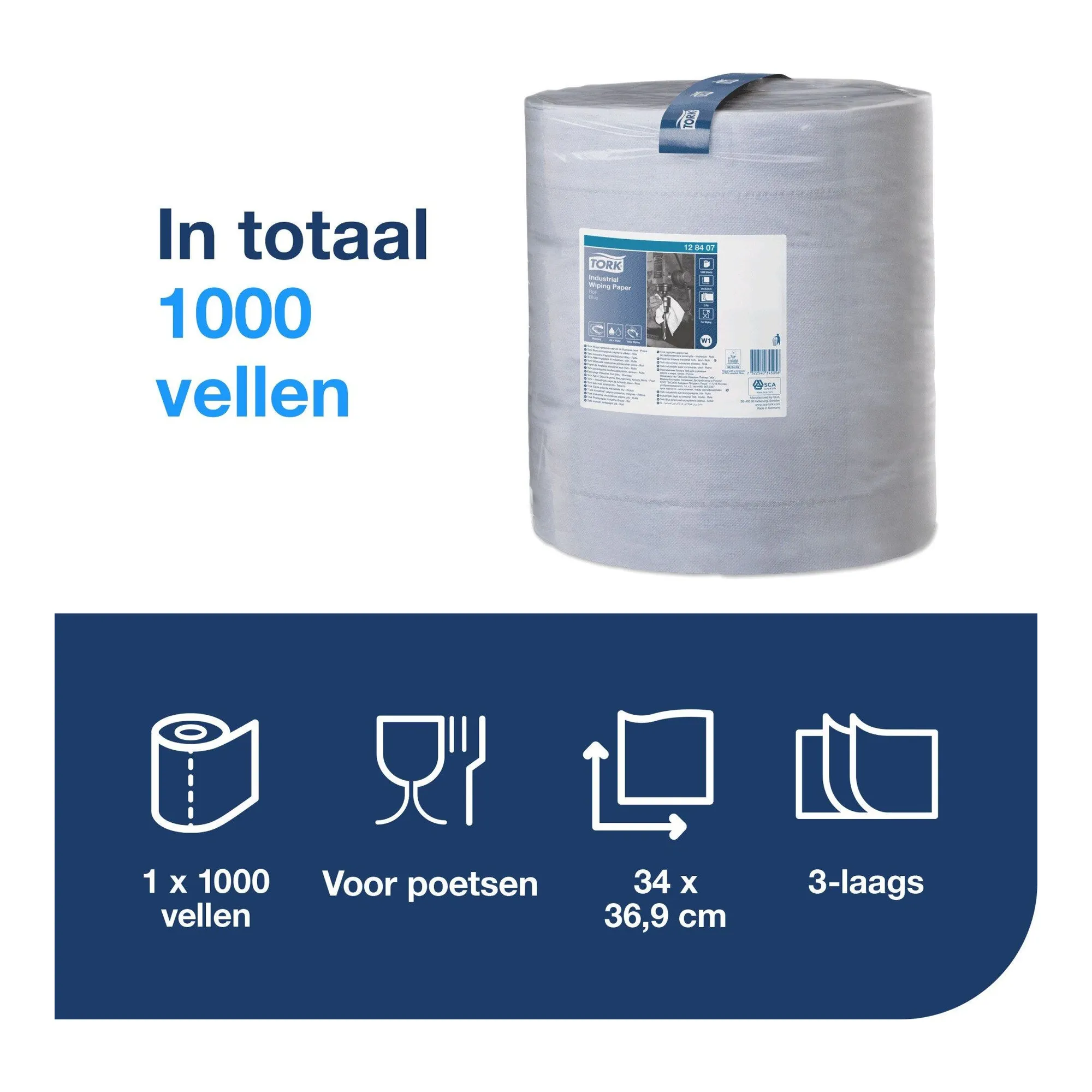 Tork Industrial Rol Poetspapier 3-laags Blauw W1 (340m)