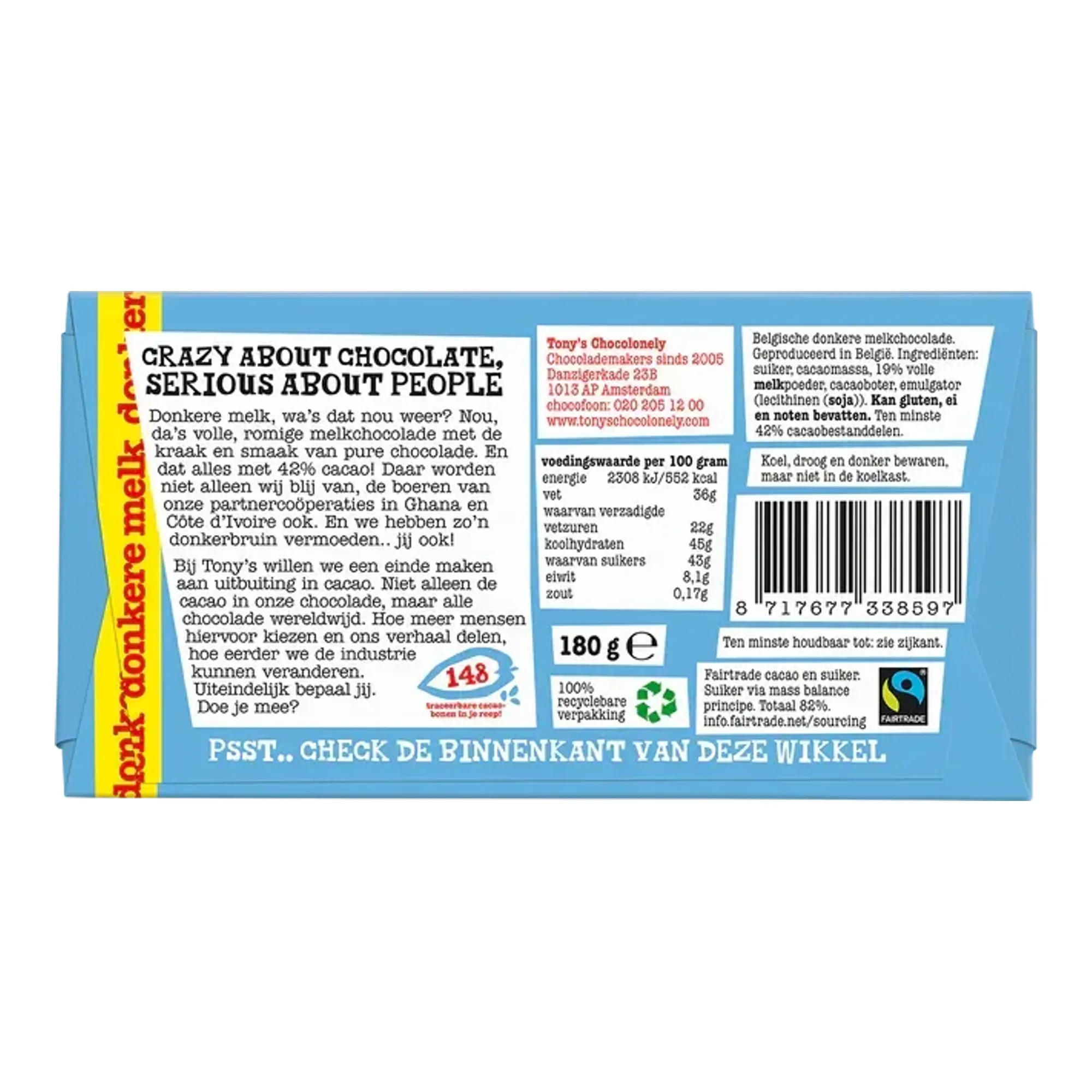 Tony's Chocolonely Reep Donkere Melk 42% (15x 180gr)
