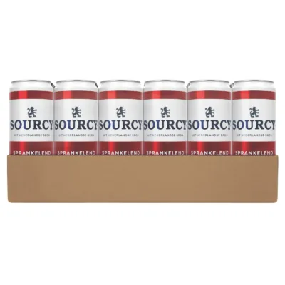 Tray mineraalwater sourcy blikjes voorkant