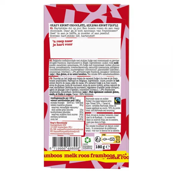 Tony’s Chocolonely Reep Liefde Melk Roos Framboos (15×180 gr)