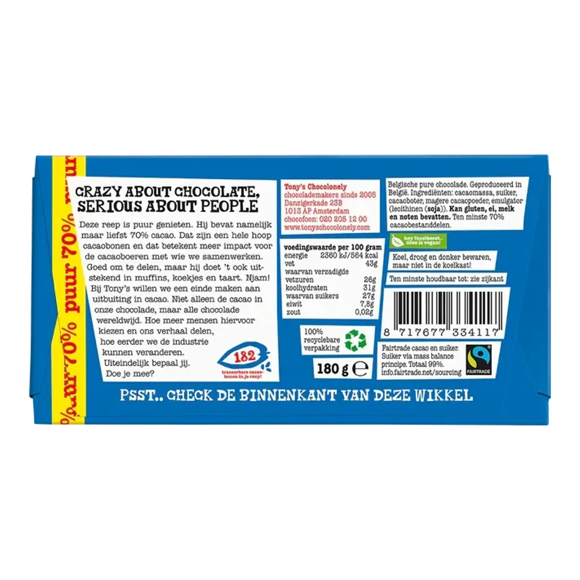Tony's Chocolonely Reep Pure Chocolade 70% (15x 180gr)