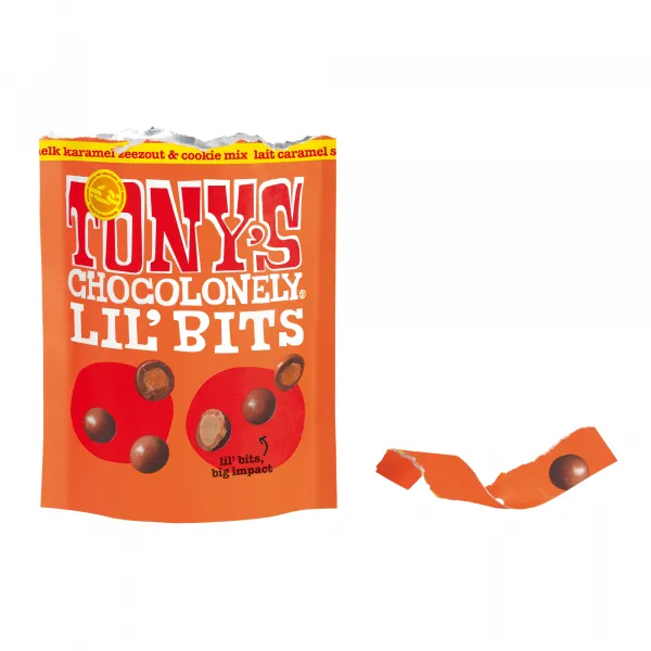 Tony’s Chocolonely Lil’ Bits Melk Karamel Zeezout & Cookie zak (8x 150gr)