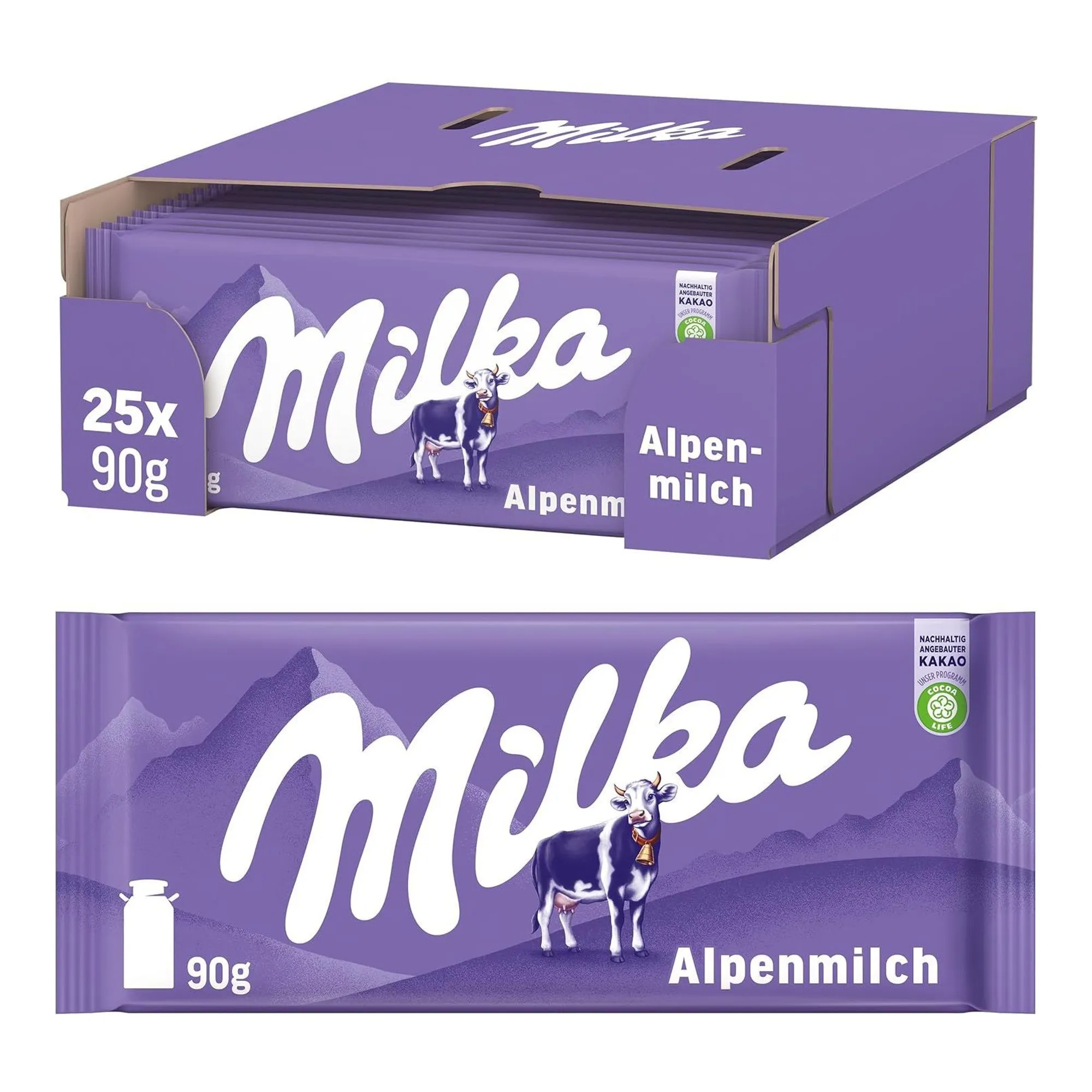 Milka Alpenmelk Flowpack (25x 90gr) - Groothandel Compliment.nl