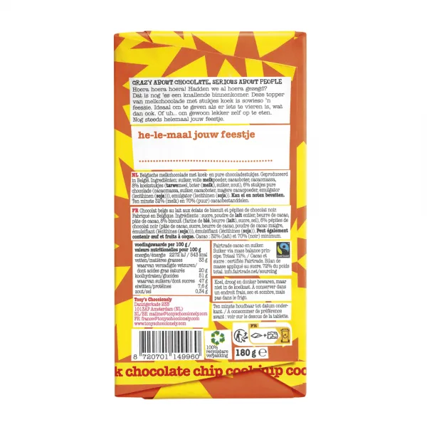 Tony’s Chocolonely Reep Hoera Melk Chocolate Chip Cookie (15x 180gr)