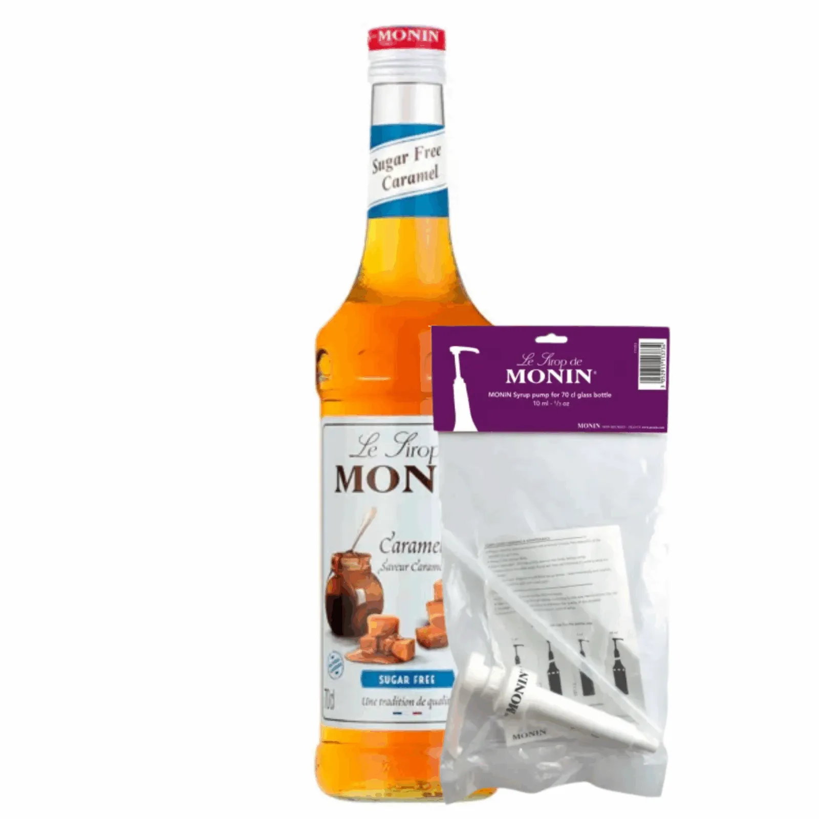 Monin Siroop Caramel Suikervrij (70 cl) + Monin Siroop Pompje (10ml)
