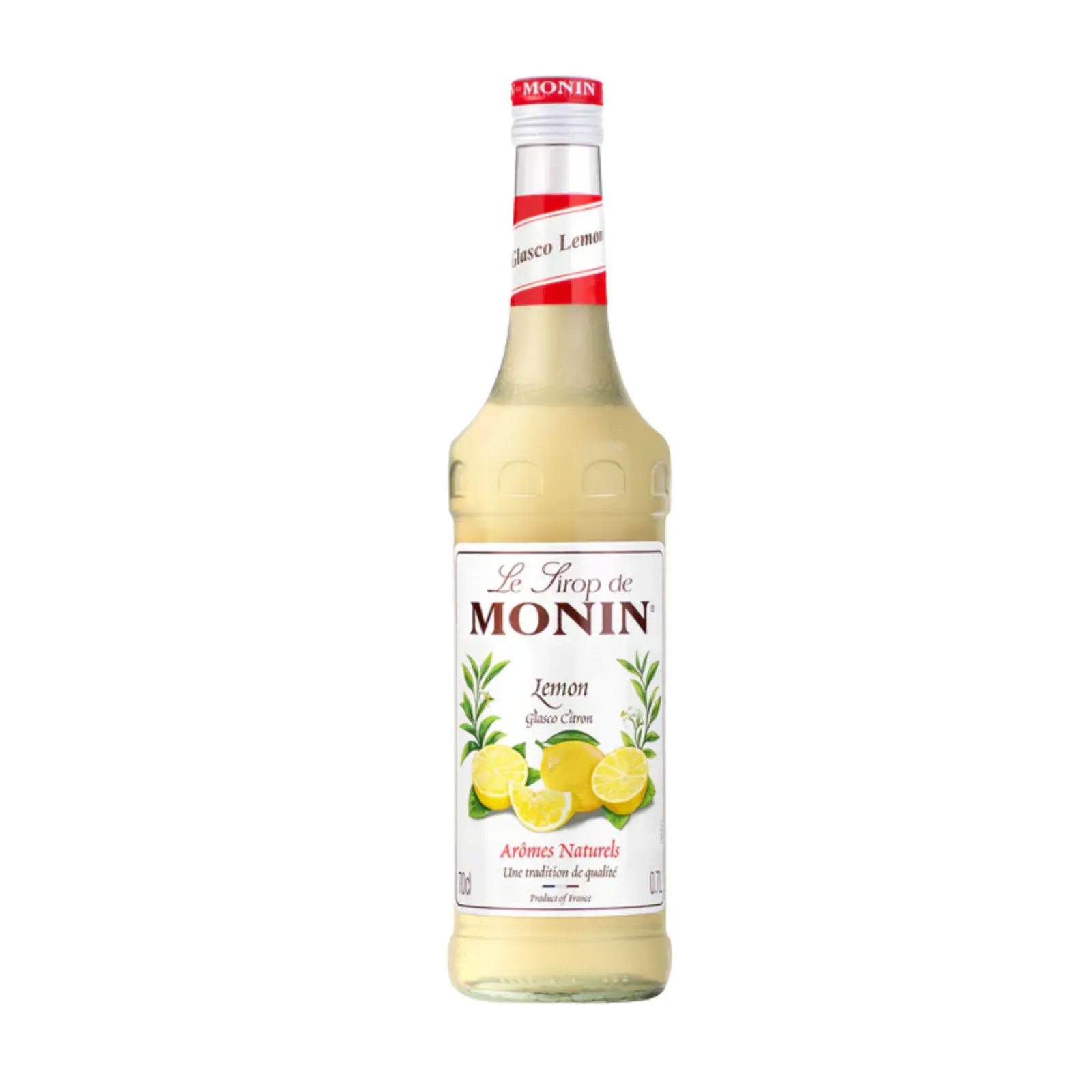 gele fles monin siroop voorkant glas