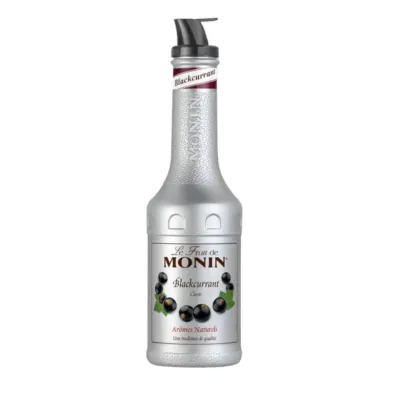 grijze fles monin puree zwarte bes voorkant