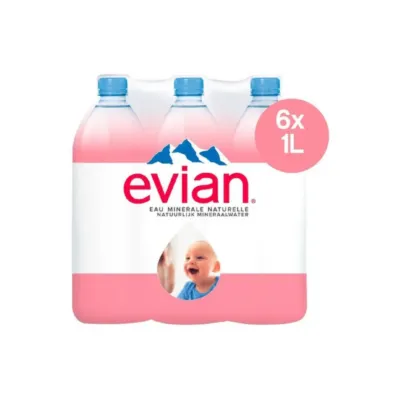 6-pack water Evian staand voorkant