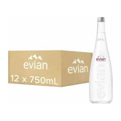 Doos glazen Fles mineraalwater Evian voorkant