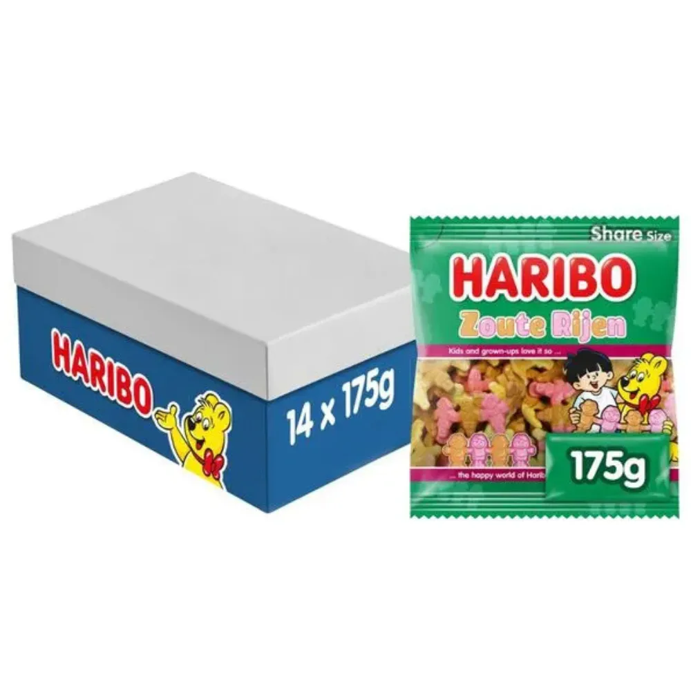Haribo zoute rijen zakjes omdoos voorkant