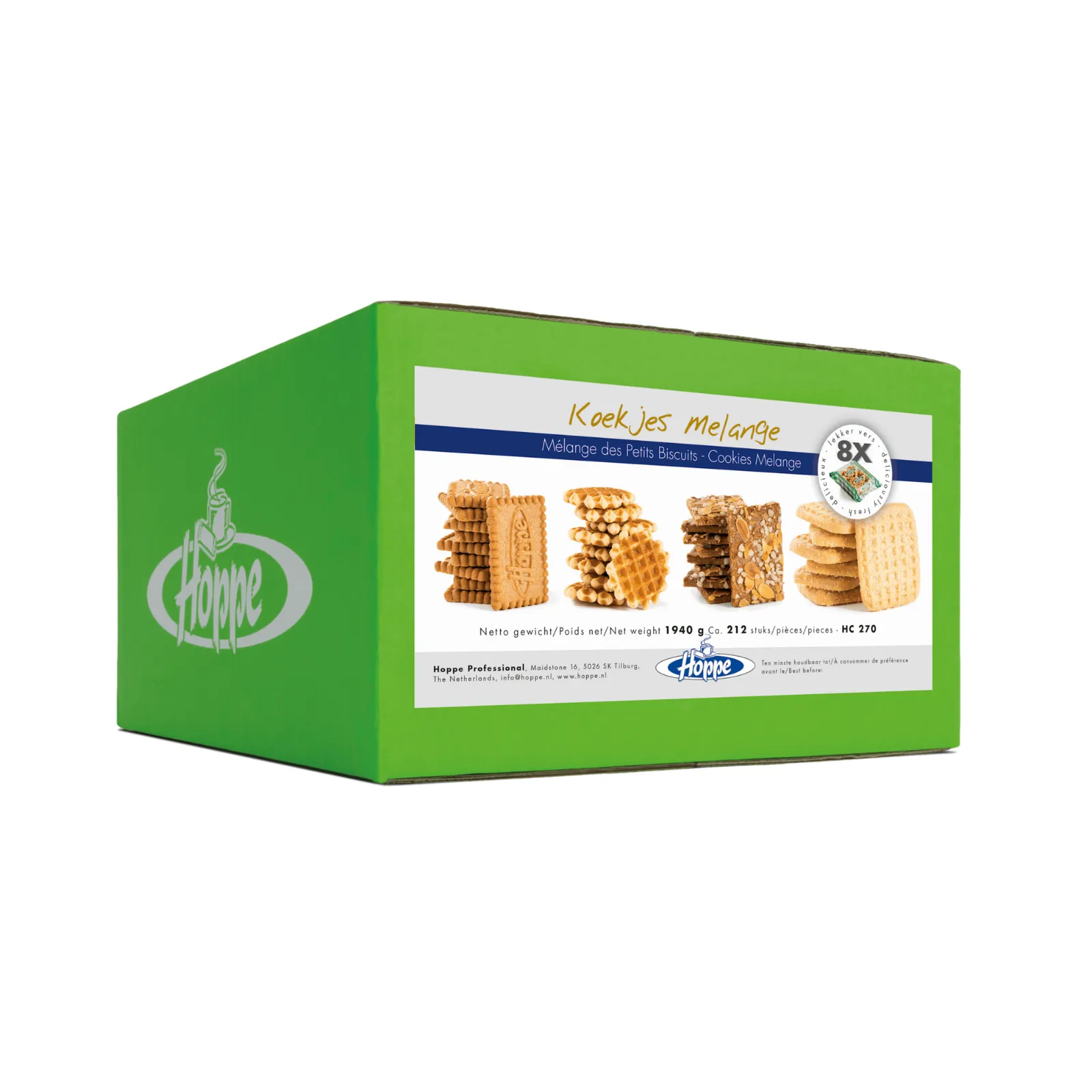 Doos Hoppe koffiekoekjes groen Melange zijaanzicht