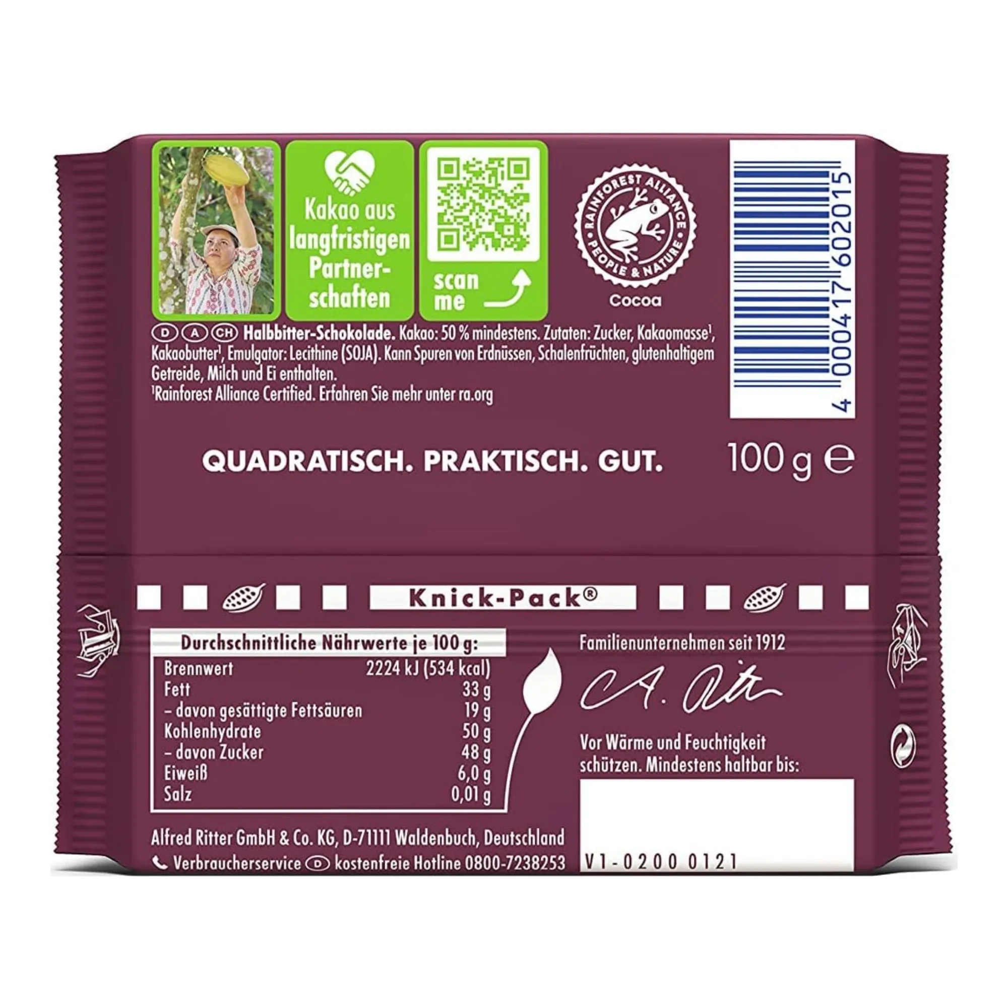 Ritter Sport Puur (12x 100gr) achterkant
