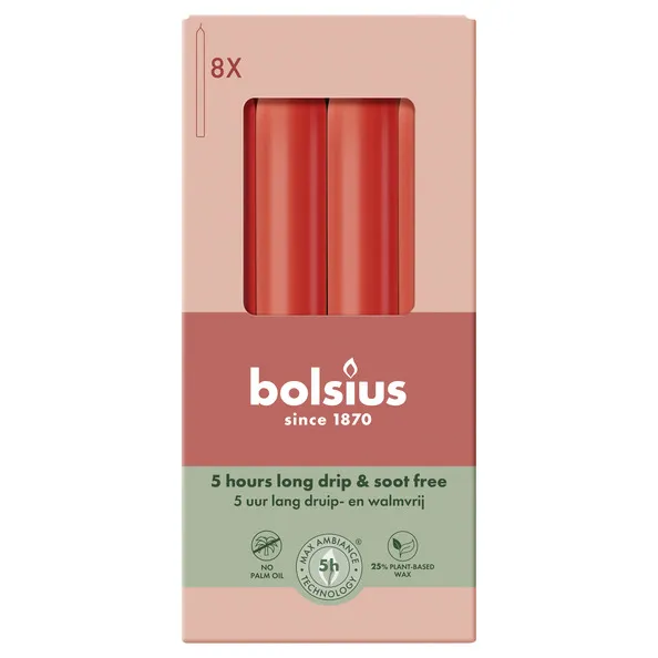 Bolsius Dinerkaarsen Delicate Red Ø20×170 mm 5 uur (4x 8 stuks)