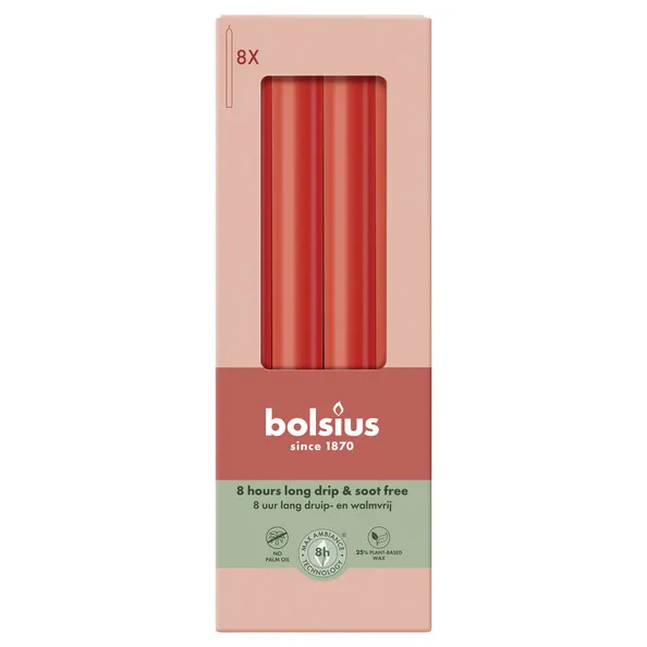 Bolsius Dinerkaarsen Delicate Red Ø20×230 mm 8 uur (4x 8 stuks)