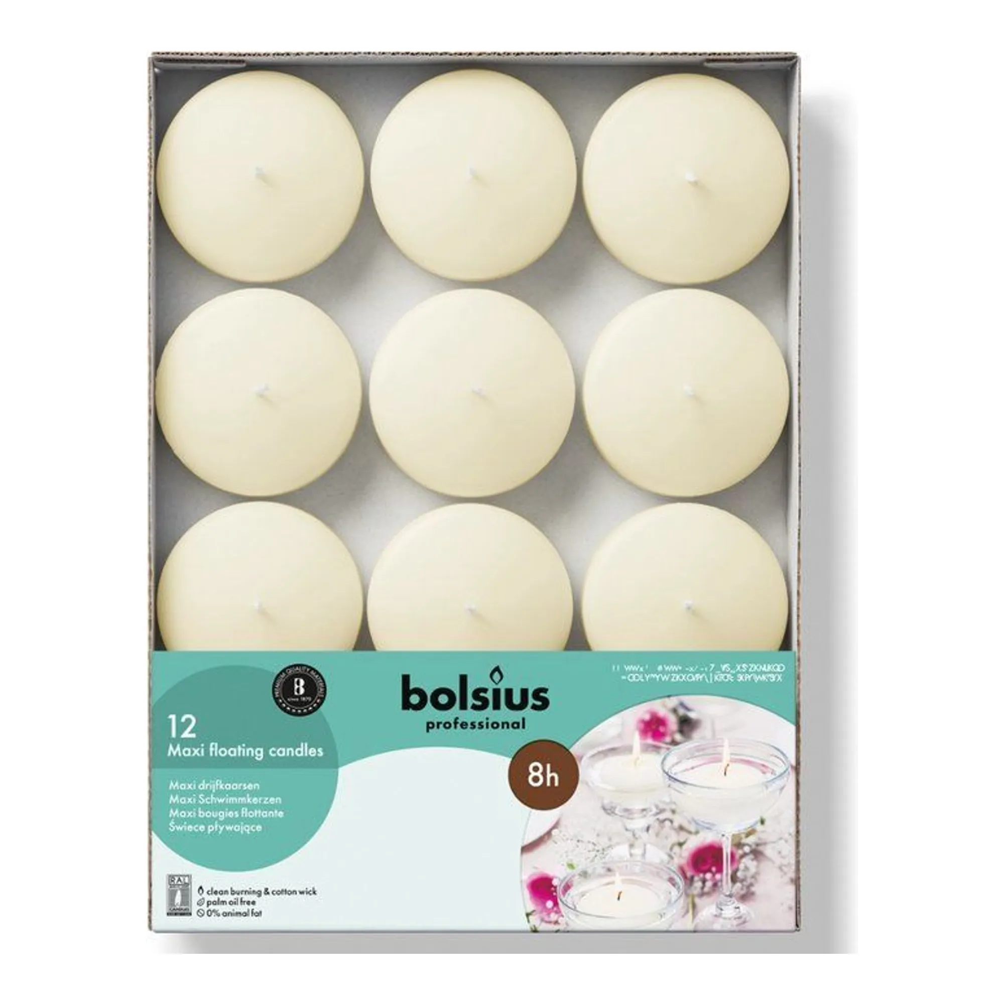 Bolsius Professional Maxi Drijfkaarsen Ivoor 8 Branduren (12 stuks)